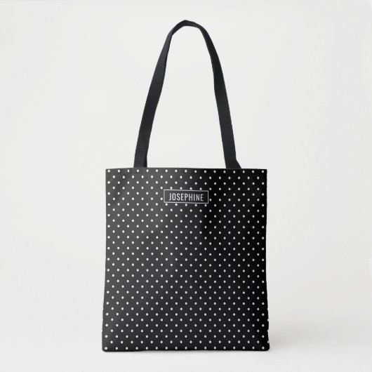 White On Black Polka Dots Pattern With Custom Name トートバッグ (正面)
