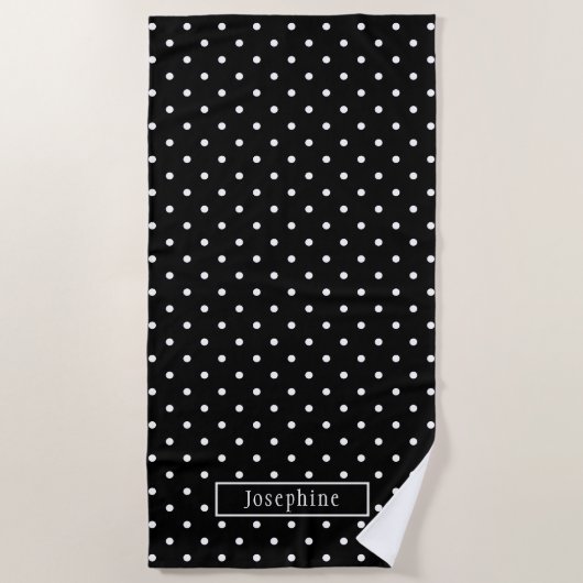 White On Black Polka Dots Pattern With Custom Name ビーチタオル (正面)