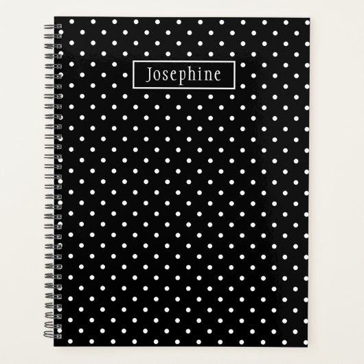 White On Black Polka Dots Pattern With Custom Name プランナー手帳 (正面)