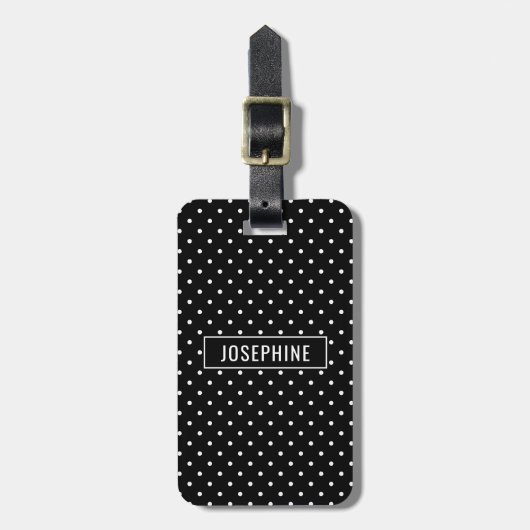 White On Black Polka Dots Pattern With Custom Name ラゲッジタグ (正面縦)