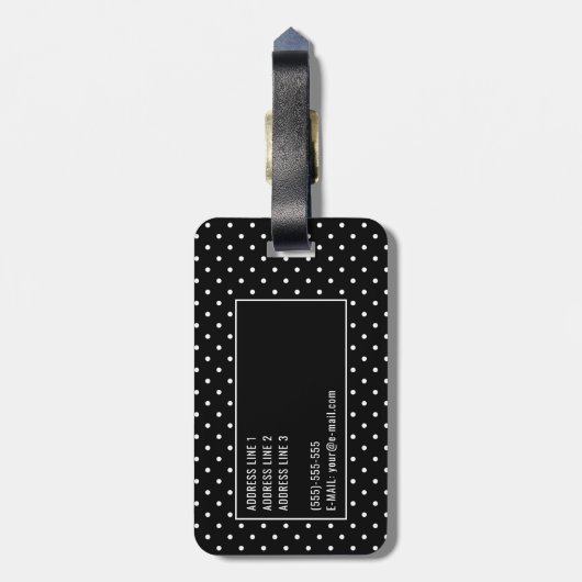 White On Black Polka Dots Pattern With Custom Name ラゲッジタグ (裏面縦)