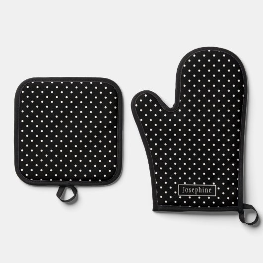 White On Black Polka Dots Pattern With Custom Name 鍋つかみ&鍋敷きセット (正面)