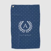White On Blue Laurel Monogram Polka Dot Pattern ゴルフタオル (正面)