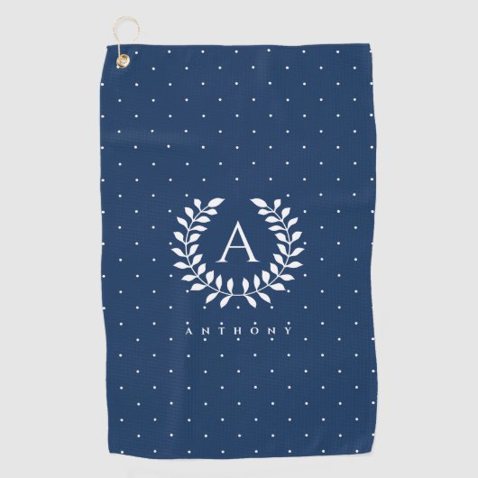 White On Blue Laurel Monogram Polka Dot Pattern ゴルフタオル (正面)