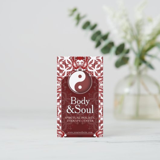 White on Deep Red New Age Yin Yang Geometry 名刺 (スタンド正面)