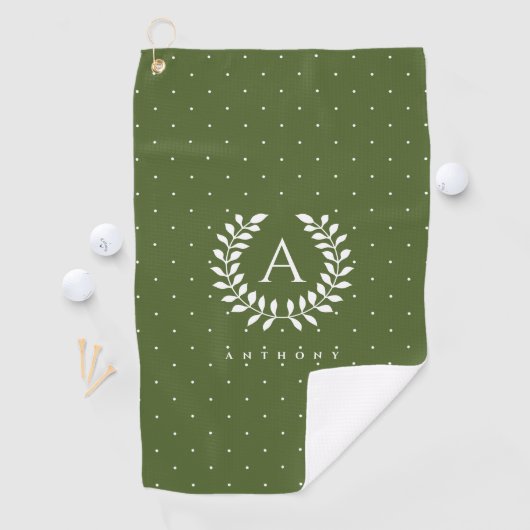 White On Green Laurel Monogram Polka Dot Pattern ゴルフタオル (インサイチュ)