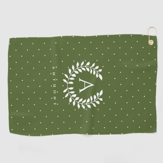 White On Green Laurel Monogram Polka Dot Pattern ゴルフタオル (横)