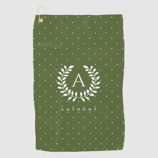 White On Green Laurel Monogram Polka Dot Pattern ゴルフタオル (正面)