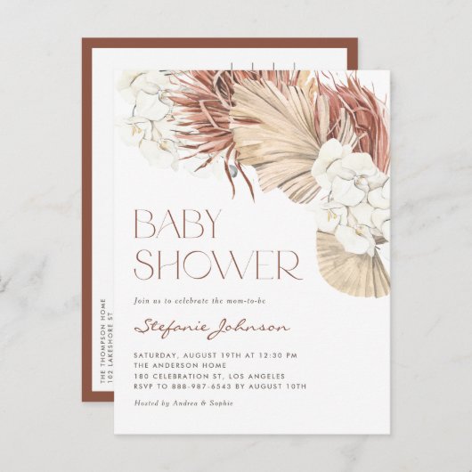 White Orchid and Dried Palm Boho Baby Shower インビテーションポストカード (正面/裏面)