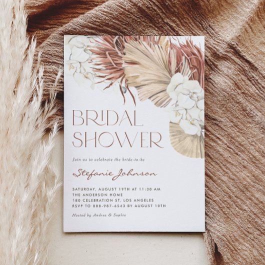 White Orchid and Dried Palm Boho Bridal Shower 招待状
