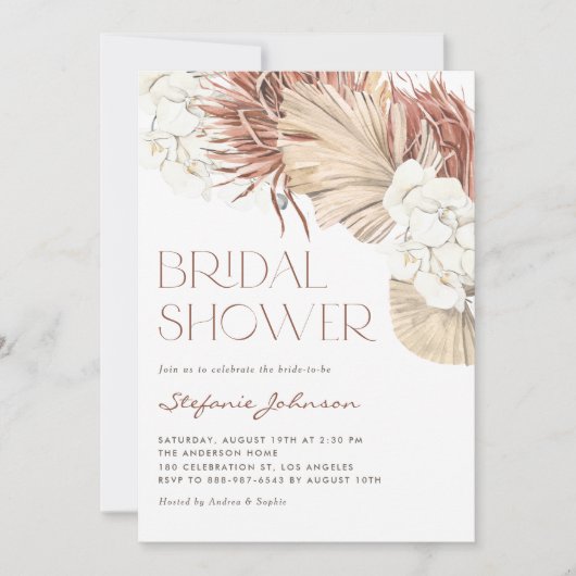 White Orchid and Dried Palm Boho Bridal Shower 招待状 (正面)