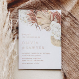 White Orchids and Dried Palm Leaves Boho Wedding 箔招待状