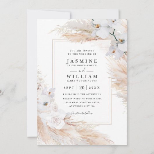 White Orchids Roses Pampas Grass QR Code Wedding 招待状 (正面)