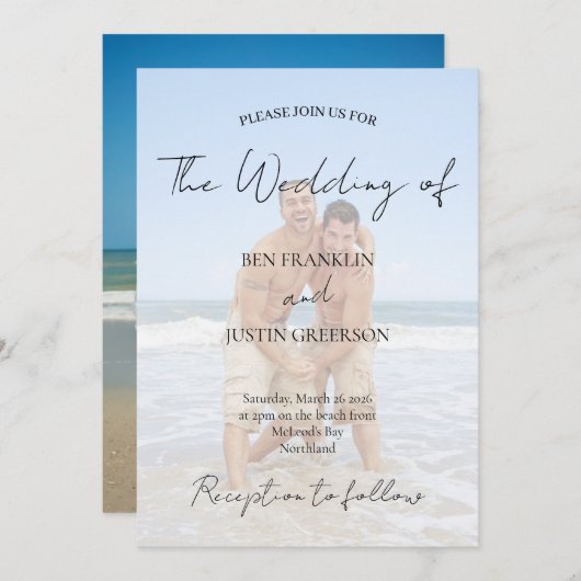 White Overlay Photo Minimal Wedding 招待状 (正面/裏面)