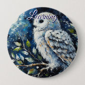 White Owl On Branch in Moonlight Personalized 缶バッジ (正面)