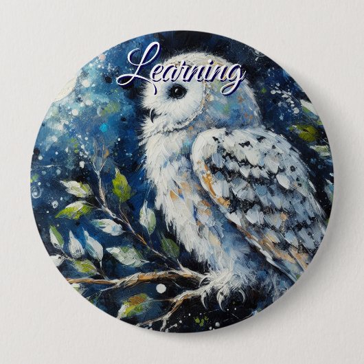 White Owl On Branch in Moonlight Personalized 缶バッジ (正面)