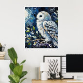 White Owl On Branch Moonlight Personalized Paper ポスター (ホームオフィス)