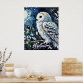 White Owl On Branch Moonlight Personalized Paper ポスター (キッチン)