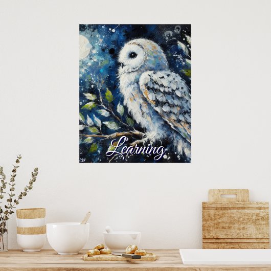White Owl On Branch Moonlight Personalized Paper ポスター (キッチン)