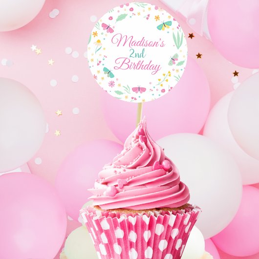 White Pastel Butterfly Girl’s Garden cupcake toppe ラウンドシール