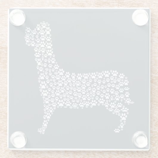 White Paw Print Dog Silhouette Pattern Fabric ガラスコースター (裏面)