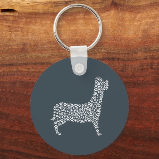 White Paw Print Dog Silhouette Pattern Fabric キーホルダー (正面)