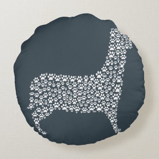 White Paw Print Dog Silhouette Pattern Fabric ラウンドクッション (裏面)