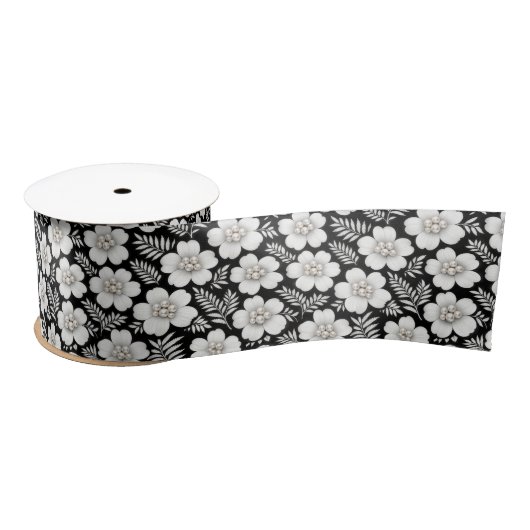 White Pearls in Flower Pattern サテンリボン (リール)