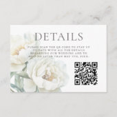 White Peonies Floral Wedding Details QR code エンクロージャーカード (正面)