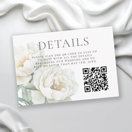 White Peonies Floral Wedding Details QR code エンクロージャーカード