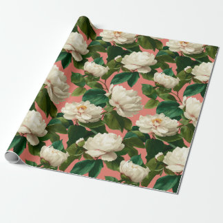 White Peonies on pechy background pattern ラッピングペーパー