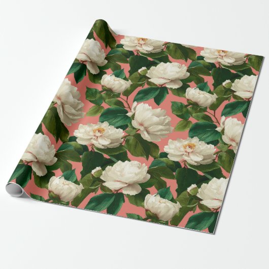 White Peonies on pechy background pattern ラッピングペーパー (アンロールド)