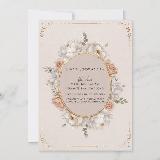 White Peony & Blush Rose Floral Bridal 招待状 (裏面)
