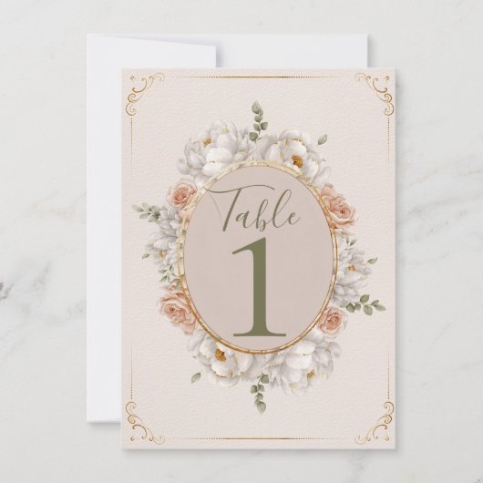 White Peony & Blush Rose Floral Table Numbers 招待状 (正面)