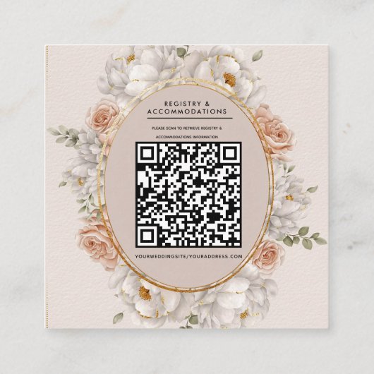 White Peony & Blush Rose Floral Wedding  スクエア名刺 (裏面)