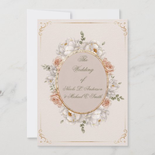 White Peony & Blush Rose Floral Wedding  招待状 (正面)