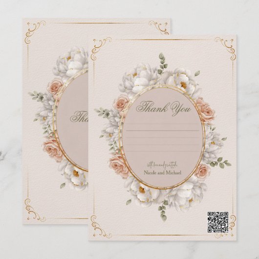 White Peony & Blush Rose Floral Wedding 招待状 (正面/裏面)