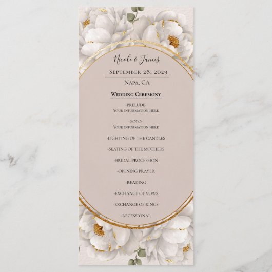 White Peony & Blush Rose Floral Wedding Program メニュー (正面)