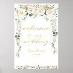 White Peony Epiphany Gold Calligraphy Welcome ポスター<br><div class="desc">A 36 by 24 inch poster board with a rustic vintage reclaimed barn board wood background. A classic bough of stunning oversized white peonies and posies cascading amongst silver greenery and hanging garlands.</div>