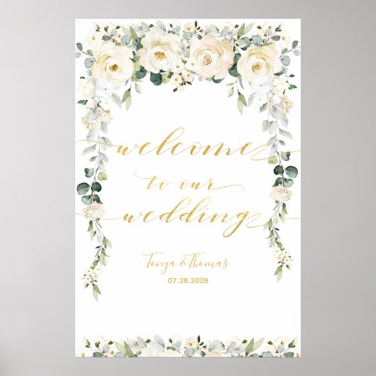 White Peony Epiphany Gold Calligraphy Welcome ポスター (正面)