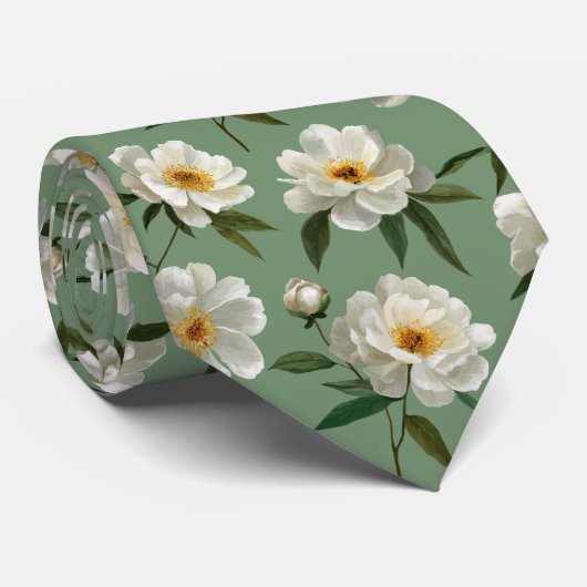 White Peony Floral Pattern ネクタイ (ロール)