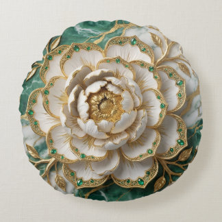 White Peony Gold Filigre Emerald Luxury Floral Art ラウンドクッション