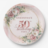 White Peony Rose Gold 50th Birthday Paper Plates ペーパープレート (正面)