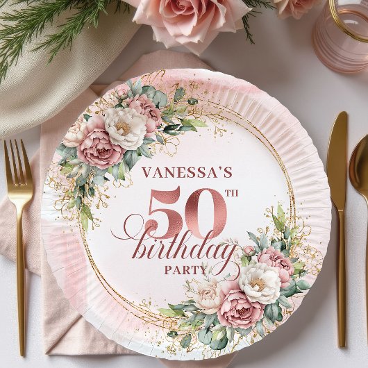 White Peony Rose Gold 50th Birthday Paper Plates ペーパープレート