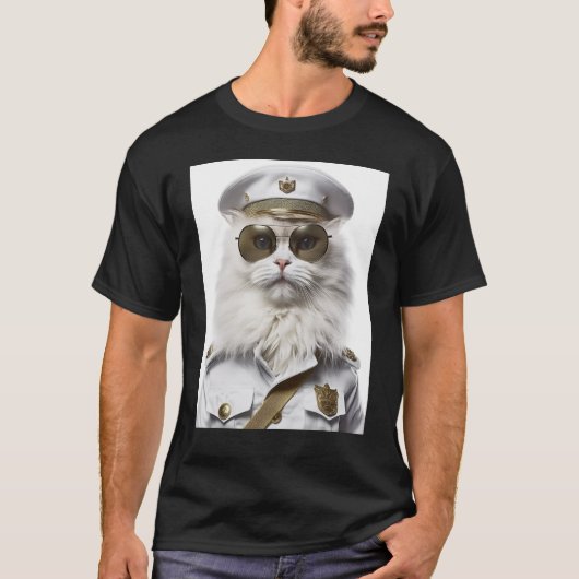 White Persian cat military cap Tシャツ (正面)