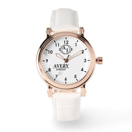 White Personalized Monogram Custom Elegant  腕時計 (正面)