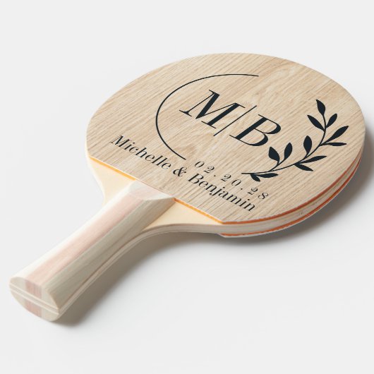 White Pine Leaf Wedding Monogram 卓球ラケット (正面アングル)