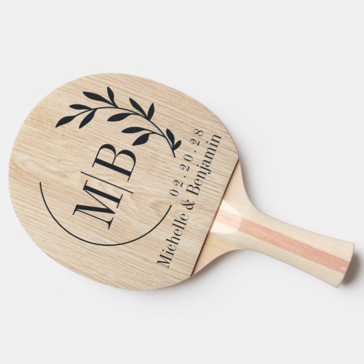 White Pine Leaf Wedding Monogram 卓球ラケット (横)