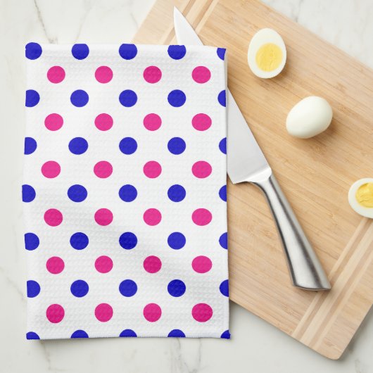 White Pink Blue Polka Dot Pattern キッチンタオル (四つ折り)