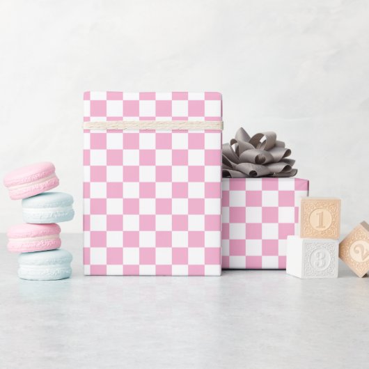 White & Pink Checkerboard Wrapping Paper Roll ラッピングペーパー (ベビーシャワー)